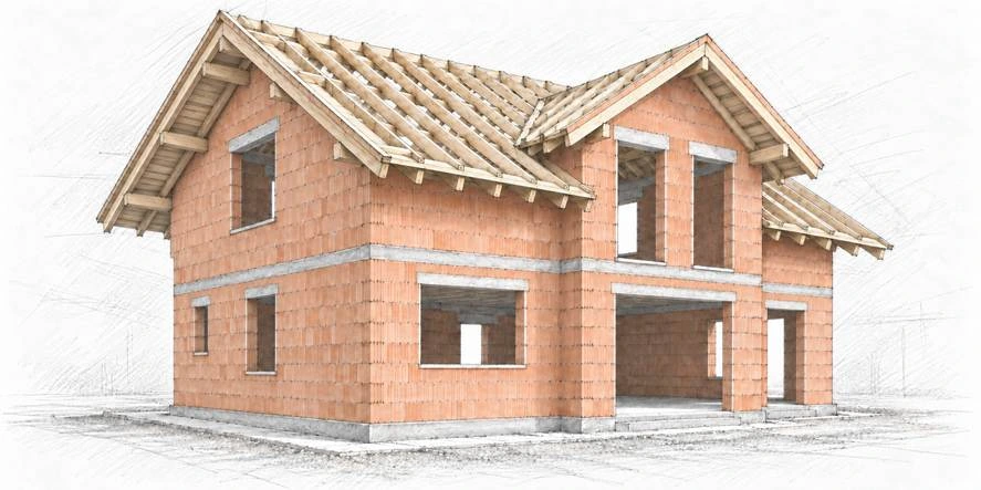 Massivhaus-Rohbau aus Poroton mit Holzdachstuhl und 75 cm Dachüberstand von Richter Haus