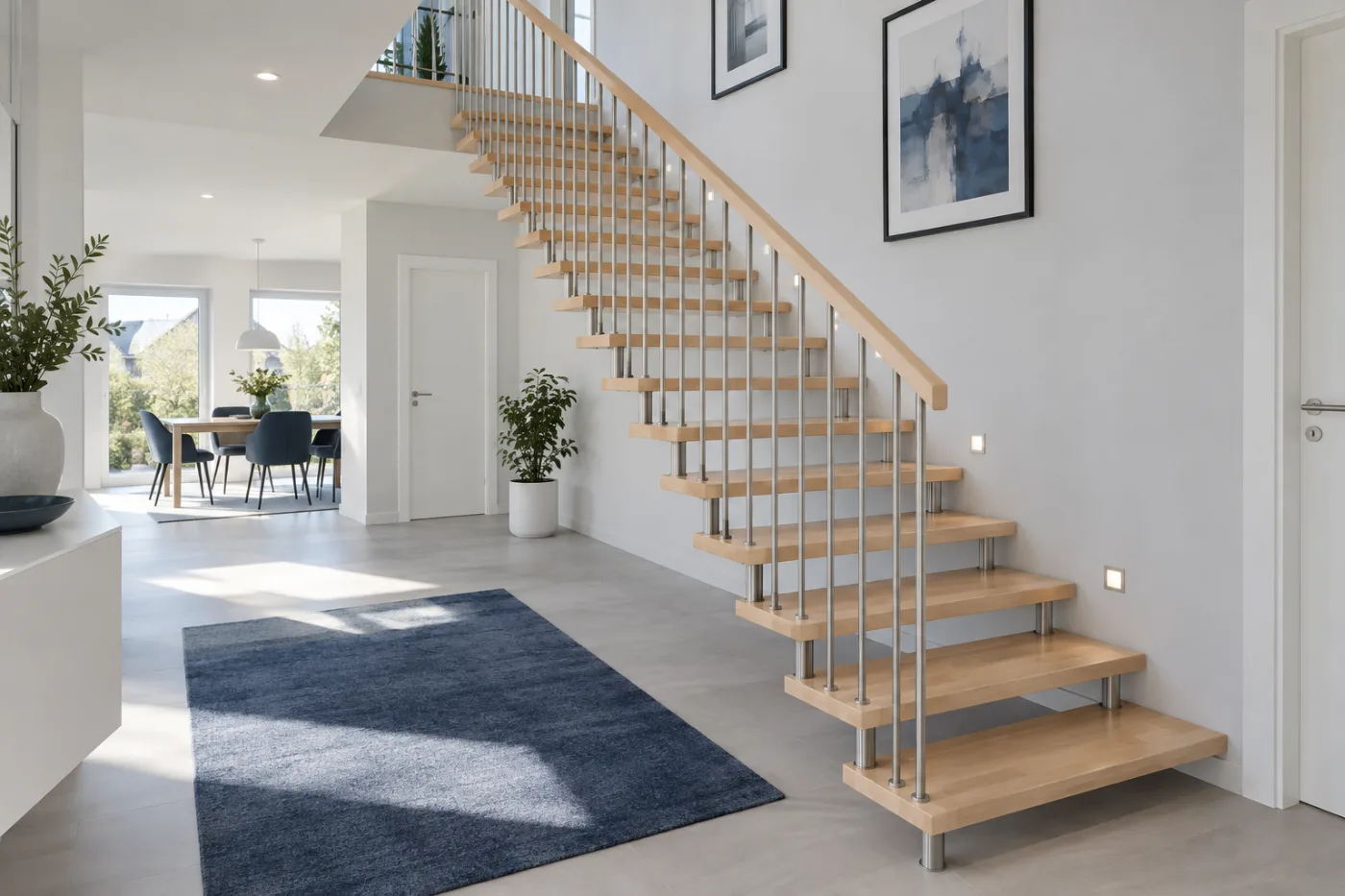 Offene Massivholztreppe mit Holzhandlauf und Edelstahlstäben in einem Richter-Haus